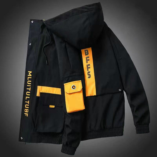2023 Men Casual Jacket Autumn Winter New Mens Harajuku Cargo Jackets Loose Print Hooded Coat Streetwear Outerwear Windbreaker